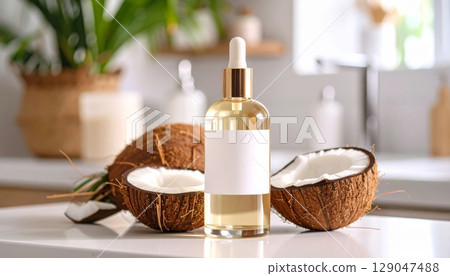 Elegant serum bottle with half coconut and a white towel for a relaxing spa treatment 129047488