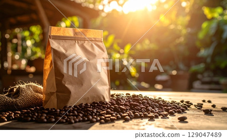 Dark roasted coffee beans spill from a brown bag, their rich aroma mingling with the crisp morning air beside a snow-dusted Christmas tree 129047489