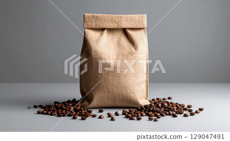 A burlap sack of roasted brown coffee beans overflowing with aromatic caffeine 129047491