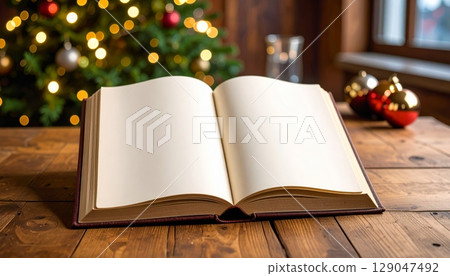 Vintage open book with blank pages by a Christmas tree 129047492
