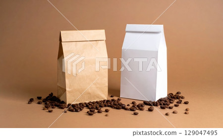Set of isolated brown and white paper bag, perfect for a healthy breakfast beverage or instant coffee ingredient 129047495