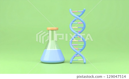 3D test tubes filled blue liquid, chromosome epitomizing chemistry and scientific research, green background. 129047514