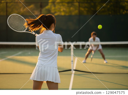 A woman wearing white clothing hits the ball towards her opponent on a tennis court bathed in the sunlight. 129047575