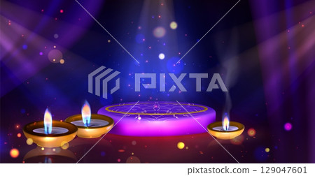 Diwali scene with purple platform, oil lanterns 129047601