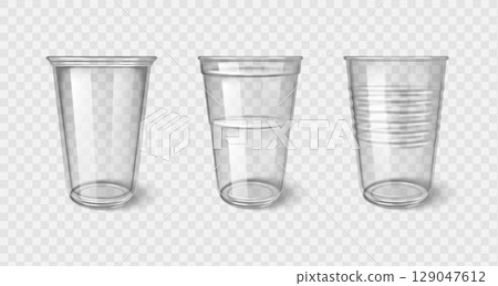 Clear plastic disposable cups collection Clear plastic disposable cups collection 129047612