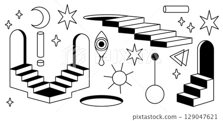 Surreal architectural elements with door portals Surreal architectural elements with door portals 129047621
