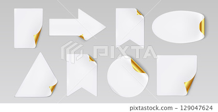 White paper stickers with gold corner peels 129047624