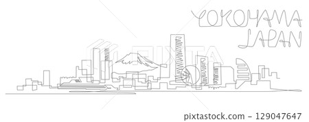 橫濱港未來地區及海濱風光（可遠眺富士山）的一幅畫。日本橫濱 129047647