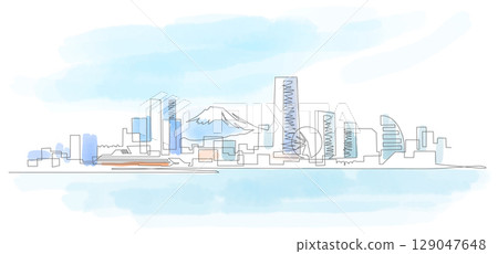 A single-stroke drawing of the Yokohama Minato Mirai area and the seaside scenery with Mt. Fuji in view. Yokohama, Japan 129047648