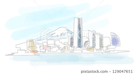 橫濱港未來地區及海濱風光（可遠眺富士山）的一幅畫。日本橫濱 129047651
