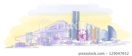 A single-stroke drawing of the Yokohama Minato Mirai area and the seaside scenery with Mt. Fuji in view. Yokohama, Japan 129047652