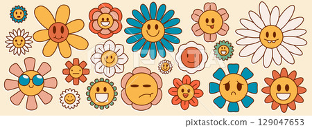 Retro groovy daisy flowers with cartoon faces 129047653