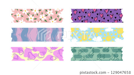 Decorative scrapbook tape strips with fun patterns Decorative scrapbook tape strips with fun patterns 129047658