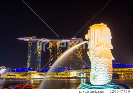 Republic of Singapore - Night view of the Merlion and Marina Bay Sands in the downtown core Republic of Singapore - Night view of the Merlion and Marina Bay Sands in the downtown core 129047739