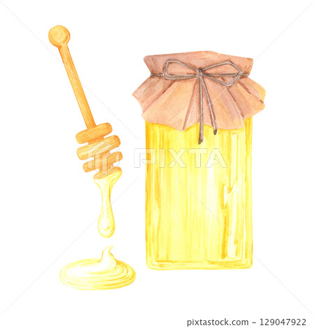 Golden honey composition, hand drawn watercolor jar and dipper illustration isolated on white background. Can be used for label, postcard scrapbook and other printed products. 129047922