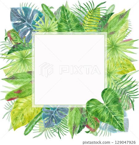 Tropical leaves frame border, hand drawn watercolor illustration isolated on white background. Can be used for cards, invitation and other printed products. 129047926