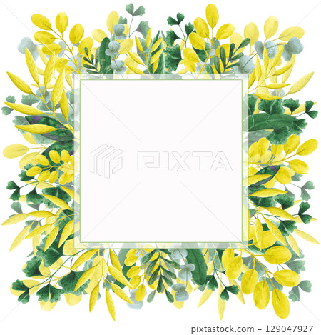 Hand drawn watercolor leaves and herbs frame border isolated on white background. Can be used for card invitation album and other printed products. Hand drawn watercolor leaves and herbs frame border isolated on white background. Can be used for card invitation album and other printed products. 129047927