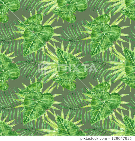Tropical palm and monstera leaves seamless pattern, hand drawn watercolor rainforest illustration isolated on dark green background. Can be used for textile, fabric and other printed products. 129047935