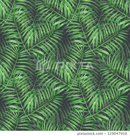 Tropical palm tree leaves seamless pattern, hand drawn watercolor rainforest illustration isolated on dark background. Can be used for textile, fabric and other printed products. Tropical palm tree leaves seamless pattern, hand drawn watercolor rainforest illustration isolated on dark background. Can be used for textile, fabric and other printed products. 129047938