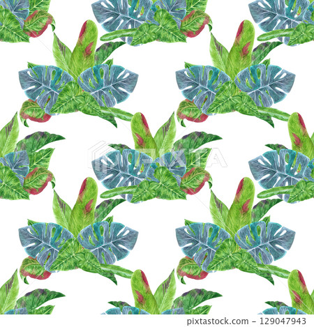 Tropical leaves seamless pattern, hand drawn watercolor rainforest bushes illustration isolated on white background. Can be used for textile, fabric and other printed products. 129047943