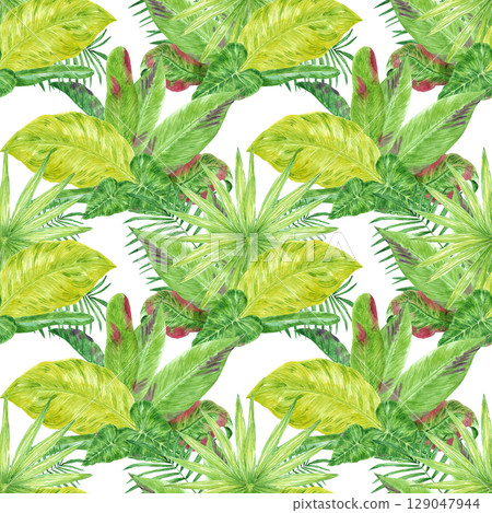 Tropical leaves seamless pattern, hand drawn watercolor rainforest bushes illustration isolated on white background. Can be used for textile, fabric and other printed products. Tropical leaves seamless pattern, hand drawn watercolor rainforest bushes illustration isolated on white background. Can be used for textile, fabric and other printed products. 129047944