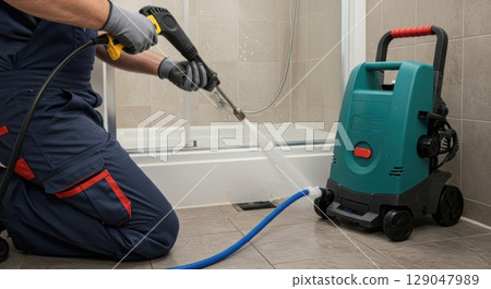 High pressure water jet cleaning drain in modern bathroom - professional plumbing maintenance service High pressure water jet cleaning drain in modern bathroom - professional plumbing maintenance service 129047989