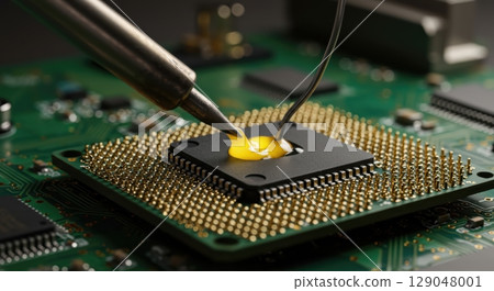 Precision soldering work on green circuit board with electronic components 129048001