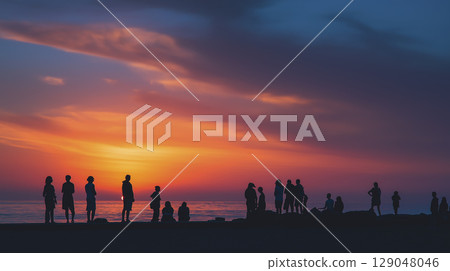 Group of people enjoying sunset on beach, silhouettes against colorful sky, peaceful and social atmosphere, with some sitting and others standing, capturing scenic moment 129048046