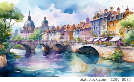 用水彩畫出的美麗城市景觀 129048083