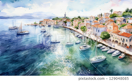 Beautiful cityscape painted in watercolor 129048085
