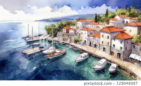 Beautiful cityscape painted in watercolor 129048087