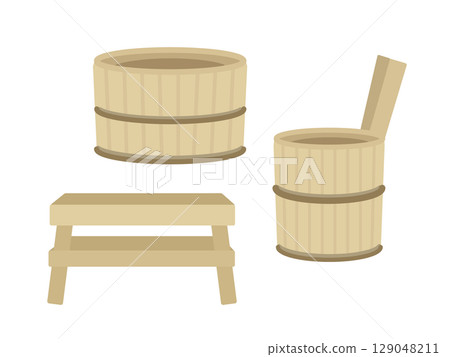 木製浴缸和浴凳插圖集 129048211