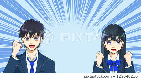 高中或初中男孩和女孩的動漫風格插圖，可愛的彩色集中線漫畫風格背景，有影印空間 129048216