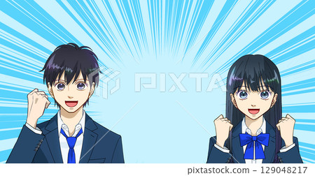 Anime-style illustration of high school or junior high school boys and girls, cute colored concentrated line comic-style background, copy space available Anime-style illustration of high school or junior high school boys and girls, cute colored concentrated line comic-style background, copy space available 129048217