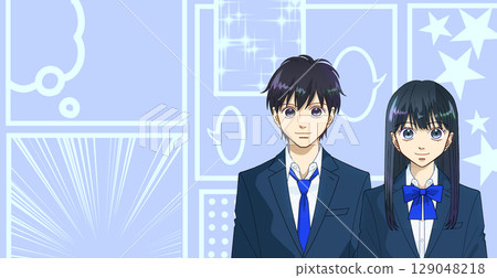 高中或初中男孩和女孩的動漫風格插圖，可愛的彩色漫畫風格背景，有影印空間 129048218