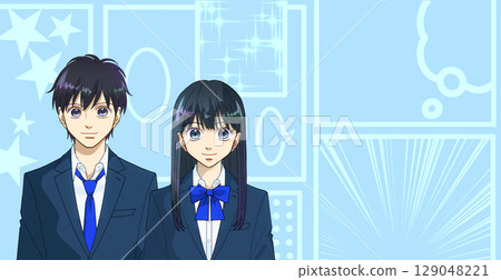 高中或初中男孩和女孩的動漫風格插圖,可愛的彩色漫畫風格背景,有影印空間 高中或初中男孩和女孩的動漫風格插圖,可愛的彩色漫畫風格背景,有影印空間 129048221