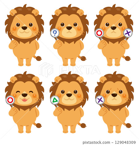Lion character illustration set holding a circle, circle, triangle, or triangle card 129048309