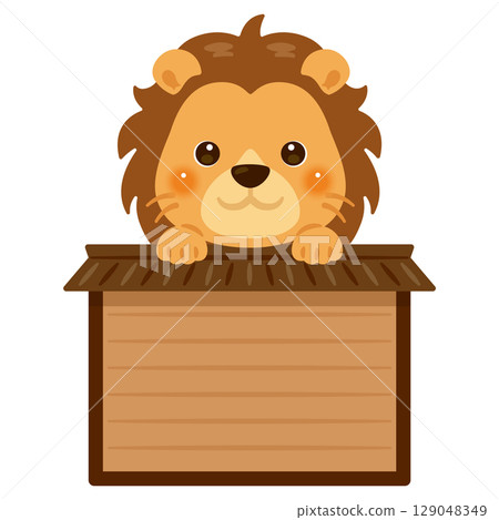 Character illustration of a lion riding a wooden sign 129048349