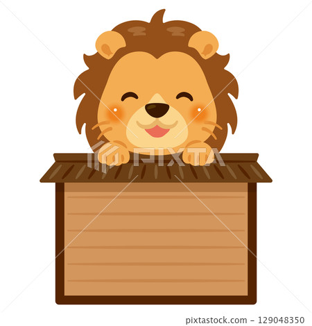 Smiling lion character illustration riding on a wooden sign 129048350