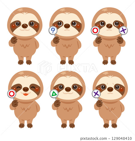 Sloth character illustration set holding a circle, circle, triangle, or triangle card 129048410