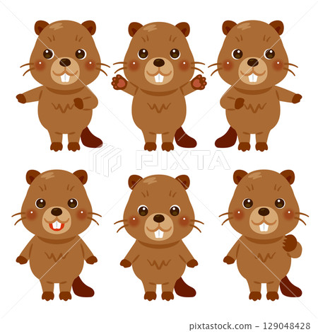 Pointing beaver character illustration set 129048428