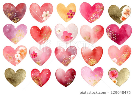 A collection of watercolor heart illustrations in pink, red, and gold, adorned with floral elements. A collection of watercolor heart illustrations in pink, red, and gold, adorned with floral elements. 129048475