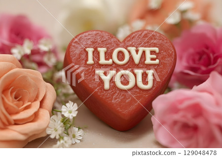 Heart-shaped soap with embossed "I Love You" text, surrounded by vibrant pink and peach roses. 129048478