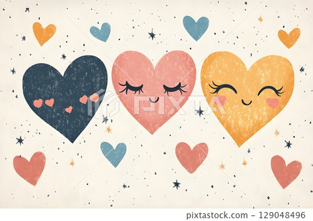 Whimsical illustration of three smiling hearts in rustic, textured style, surrounded by smaller hearts 129048496