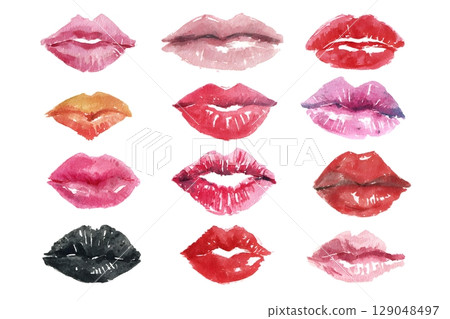 A vibrant collection of watercolor lips in various colors and styles. Perfect for beauty, fashion 129048497