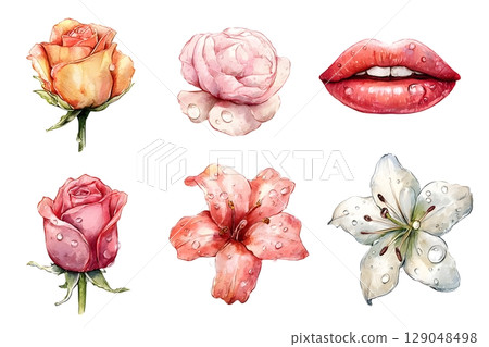 Watercolor illustrations of various flowers and lips, each with delicate droplets. 129048498