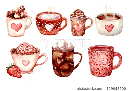 A charming watercolor illustration of mugs with heart designs and filled with various hot drinks. A charming watercolor illustration of mugs with heart designs and filled with various hot drinks. 129048500