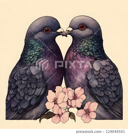 An artistic illustration of two pigeons facing each other, surrounded by delicate pink flowers. An artistic illustration of two pigeons facing each other, surrounded by delicate pink flowers. 129048501