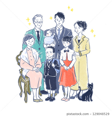 A three-generation family taking commemorative photos at a photo studio to commemorate their elementary school entrance ceremony 129048529