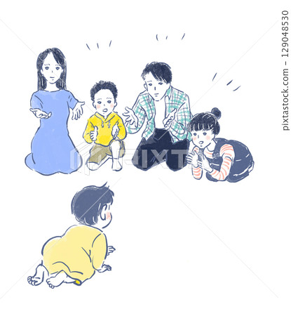 Illustration of a family playing a crawling race Illustration of a family playing a crawling race 129048530